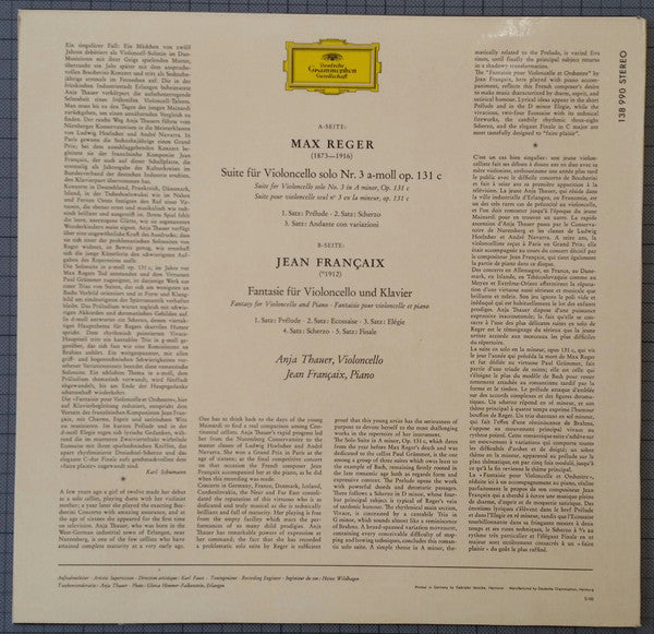 Anja Thauer, Jean Françaix, Max Reger : Suite Fur Violoncello Solo Nr. 3 A-Moll , Op. 131c (LP)