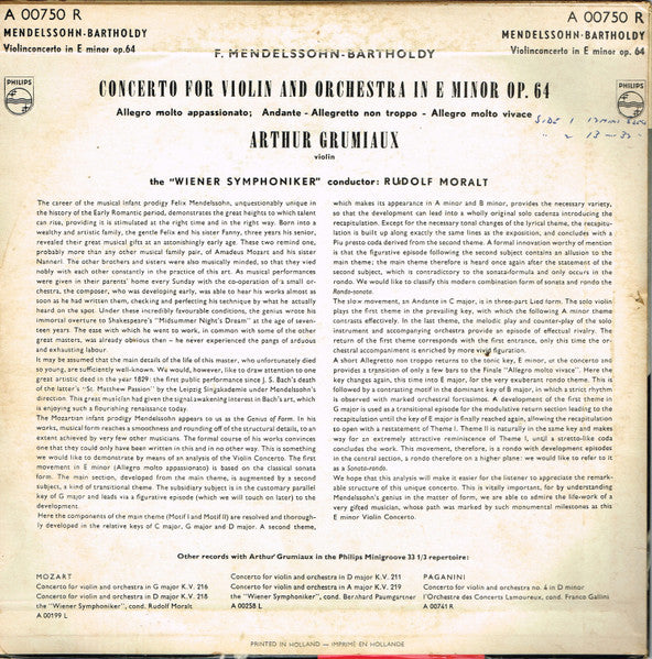 Arthur Grumiaux With The Wiener Symphoniker Conductor: Rudolf Moralt Playing Felix Mendelssohn-Bartholdy : Concerto For Violin And Orchestra In E minor Op. 64 (10")