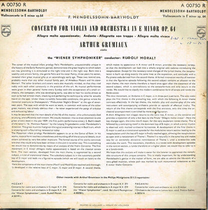 Arthur Grumiaux With The Wiener Symphoniker Conductor: Rudolf Moralt Playing Felix Mendelssohn-Bartholdy : Concerto For Violin And Orchestra In E minor Op. 64 (10")