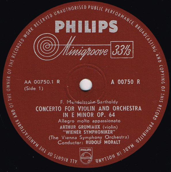 Arthur Grumiaux With The Wiener Symphoniker Conductor: Rudolf Moralt Playing Felix Mendelssohn-Bartholdy : Concerto For Violin And Orchestra In E minor Op. 64 (10")