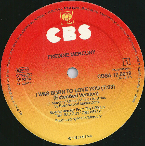 Freddie Mercury : I Was Born To Love You (Extended Version) (12", Maxi)