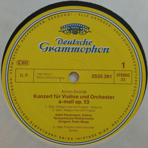 Antonín Dvořák / Maurice Ravel - Edith Peinemann, Peter Maag, The Czech Philharmonic Orchestra : Violinkonzert A-moll Op, 53 /Tzigane: Konzert-Rhapsodie Für Violine Und Orchester (LP, RE)