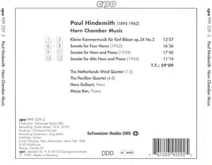 Paul Hindemith, Hans Dullaert, Marja Bon, The Netherlands Woodwind Quintet, The Pavillon Quartet : Horn Chamber Music (CD)