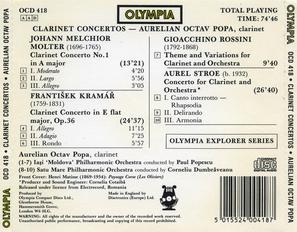 Aurelian Octav Popa : Clarinet Concertos (CD, Comp)