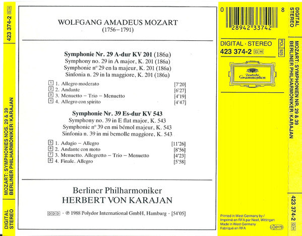 Wolfgang Amadeus Mozart, Berliner Philharmoniker, Herbert von Karajan : Symphonien Nos. 29 & 39 (CD)