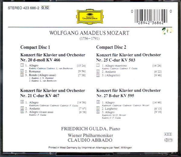 Wolfgang Amadeus Mozart, Friedrich Gulda, Wiener Philharmoniker, Claudio Abbado : Vier Berühmte Klavierkonzerte (2xCD, Comp)
