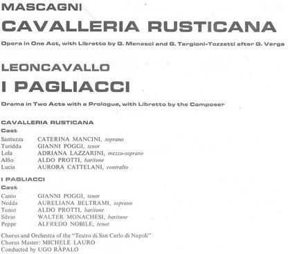 Ruggiero Leoncavallo / Pietro Mascagni, Caterina Mancini, Adriana Lazzarini, Aureliana Beltrami, Aurora Cattelani, Gianni Poggi, Alfredo Nobile, Aldo Protti, Walter Monachesi, Coro Del Teatro Di San Carlo And Orchestra Del Teatro Di San Carlo, Ugo Ràpalo : I Pagliacci / Cavalleria Rusticana (3xLP, RE + Box)