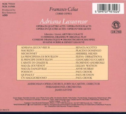 Cilea* - Renata Scotto, Elena Obraztsova, Placido Domingo, Sherrill Milnes, Philharmonia Orchestra, Ambrosian Opera Chorus*, James Levine (2) : Adriana Lecouvreur (2xCD, Album, RE, RM + Box, 2CD)