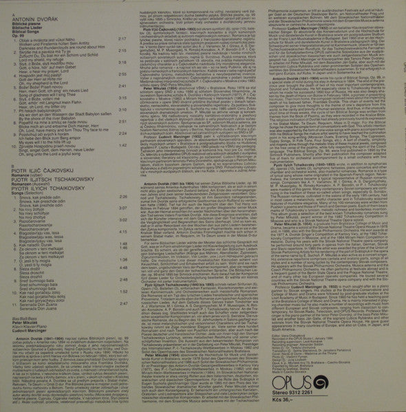 Antonín Dvořák / Pyotr Ilyich Tchaikovsky - Peter Mikuláš, Ľudovít Marcinger : Biblical Songs, Op. 99 / Songs (LP)