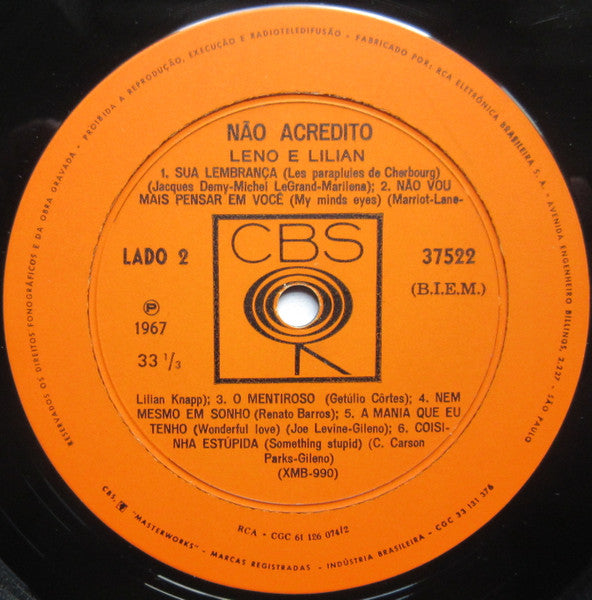 Leno E Lilian* : Nāo Acredito (LP, Album, Mono)