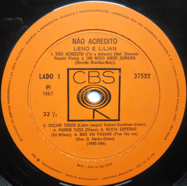 Leno E Lilian* : Nāo Acredito (LP, Album, Mono)