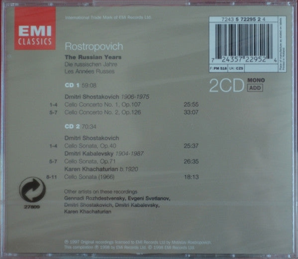 Mstislav Rostropovich, Dmitri Shostakovich, Dmitry Kabalevsky : Shostakovich: Cello Concertos 1 & 2 • Cello Sonata, Kabalevsky: Cello Sonata  (2xCD, Comp, Mono, RM)