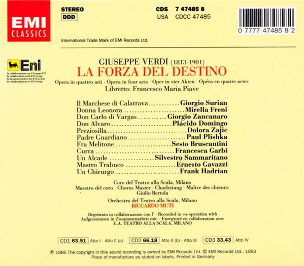 Verdi* - Domingo* · Freni* · Zancanaro* · Plishka* · Bruscantini* · Surian* · Zajic* · Orchestra* E Coro Del Teatro Alla Scala · Giulio Bertola · Riccardo Muti : La Forza Del Destino  (3xCD, Album, RE + Box, Album, Sli)