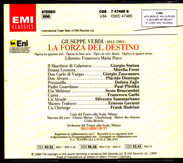 Verdi* - Domingo* · Freni* · Zancanaro* · Plishka* · Bruscantini* · Surian* · Zajic* · Orchestra* E Coro Del Teatro Alla Scala · Giulio Bertola · Riccardo Muti : La Forza Del Destino  (3xCD, Album, RE + Box, Album, Sli)