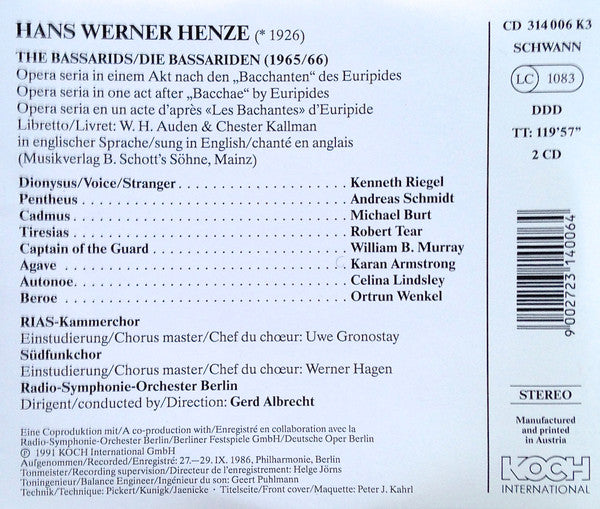 Hans Werner Henze – Radio-Symphonie-Orchester Berlin, Gerd Albrecht : The Bassarids (2xCD)