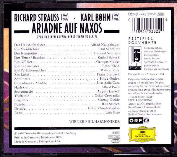 Richard Strauss - Lisa Della Casa ∙ Hilde Güden ∙ Irmgard Seefried ∙ Rudolf Schock ∙ Paul Schöffler ∙ Wiener Philharmoniker ∙ Karl Böhm : Ariadne Auf Naxos (2xCD, Album, Mono, RM)
