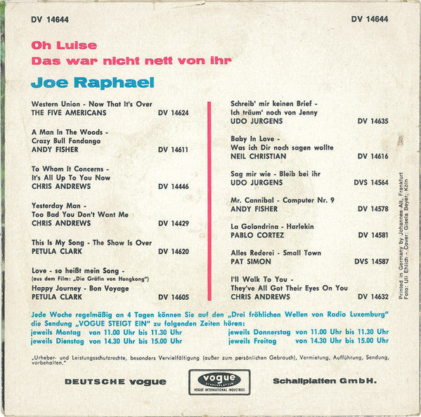 Joe Raphael : Oh Luise (7", Single)