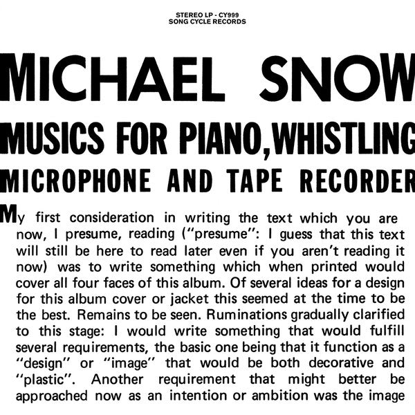 Michael Snow : Musics For Piano, Whistling, Microphone And Tape Recorder (2xLP, Album, Ltd, RE)