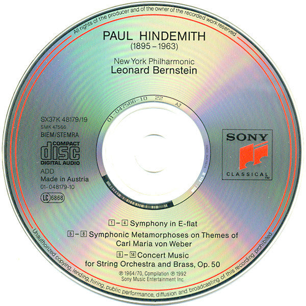 Hindemith* - Leonard Bernstein, New York Philharmonic : Symphony In E-Flat - Symphonic Metamorphoses - Concert Music For Strings And Brass (CD, Comp)