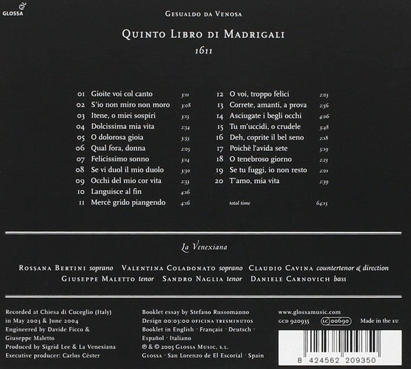 Carlo Gesualdo, La Venexiana : Quinto Libro Di Madrigali 1611 (CD, Album)