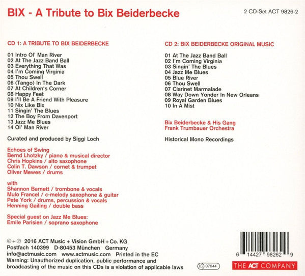 Echoes Of Swing, Shannon Barnett, Henning Gailing, Mulo Francel, Pete York, Bix Beiderbecke : Bix - A Tribute To Bix Beiderbecke (CD, Album + CD, Album, Comp, Mono)