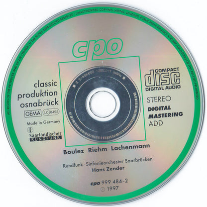 Rolf Riehm - Pierre Boulez - Helmut Lachenmann, Rundfunk-Sinfonieorchester Saarbrücken, Hans Zender : Gewidmet / Harmonica / Rituel - In Memoriam Bruna Maderna (CD)