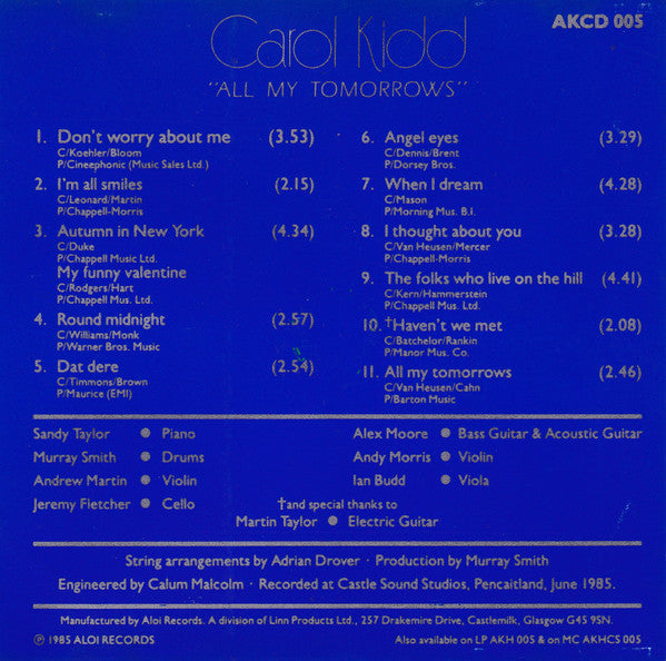 Carol Kidd : All My Tomorrows (CD, Album)