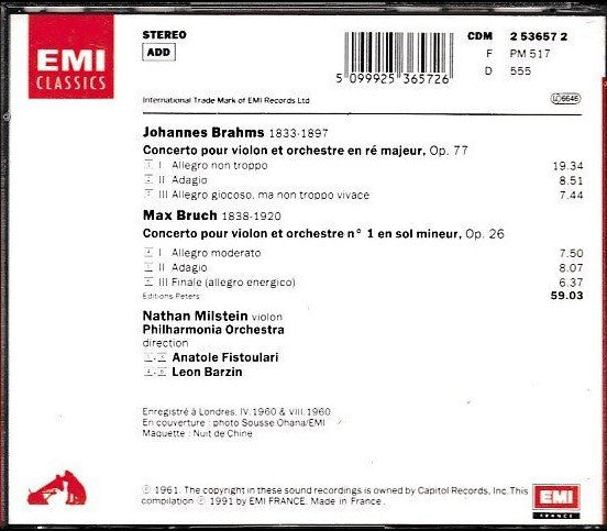 Brahms* / Bruch* - Nathan Milstein, Philharmonia Orchestra, Anatole Fistoulari / Leon Barzin : Concertos Pour Violon (CD, Comp)